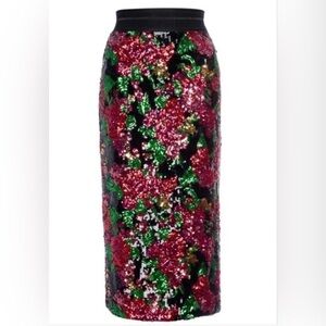 Le Superbe Floral Sequin Midi Skirt - Black, Red, Green
